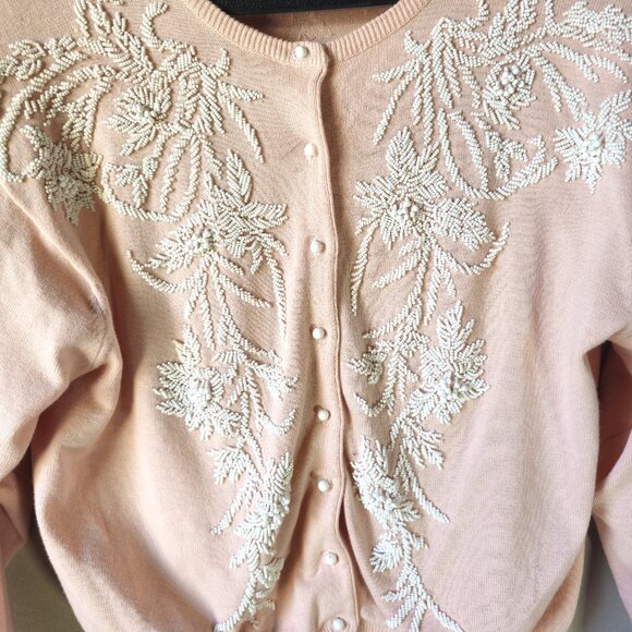 Karen Kane Lifestyle Light Peach Hand Beaded Cardigan Size M Vintage 1990's - Picture 4 of 5